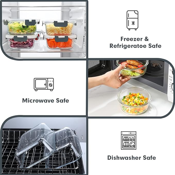 VERONES 30 Pieces Glass Meal Prep Containers Set, Stackable Glass Food Storage Containers with Lids-Airtight Glass Lunch Containers，for Microwave, Oven, Freezer & Dishwasher,Grey