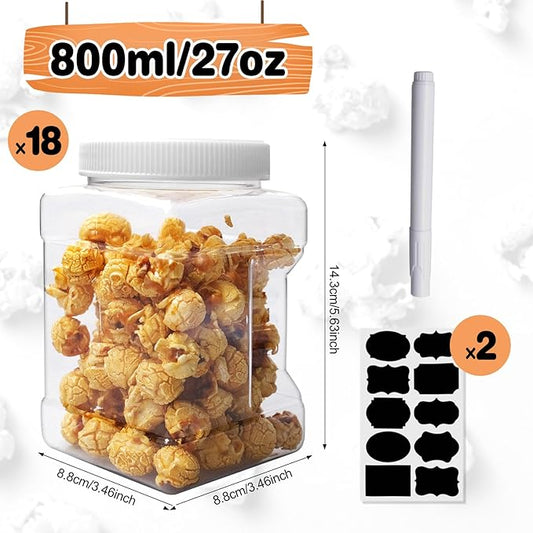 18 Pack Clear Plastic Storage Jars with Lids,27 oz Easy Grip Handles Plastic Containers,Reusable Wide Mouth Plastic Canisters,with Airtight Lids Square Paint Storage Containers for Kitchen Supplies