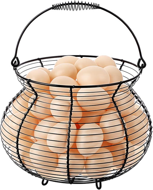 1 PCS Black Big Belly Wire Egg Baskets for Fresh Egg With Handle, Small Metal Egg Collecting Basket for Gathering Fresh Eggs, Chicken and Duck Eggs Hunting Basket Egg Holder Countertop