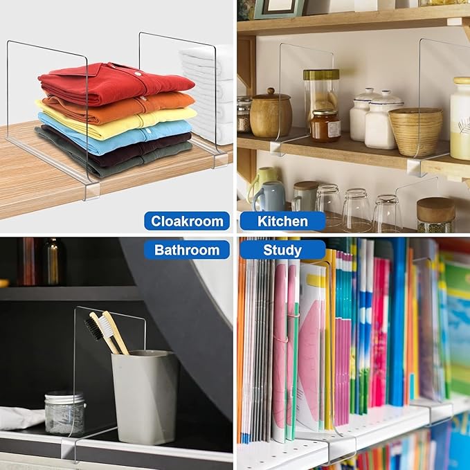 12 Inches [Extra Tall Version] Clear Shelf Dividers for Closet Organization and Storage, 6 Pack Purse Organizer for Closet Acrylic Adjustable Bookshelf for Organization, Perfect for Sweater, Clothes