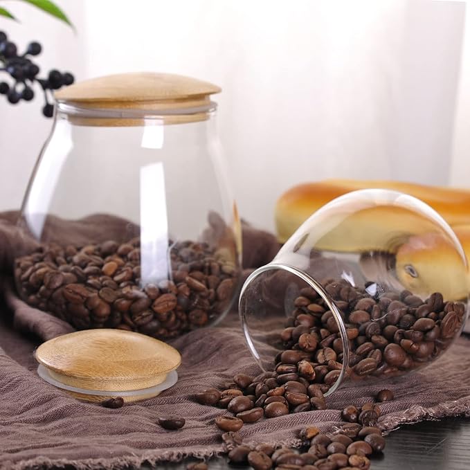 WHJY 13oz Clear Glass Storage Canister Holder with Airtight Bamboo Lid, Small Cute Modern Round Decorative Container Jar for Coffee, Spice, Candy, Salt, Cookie, Condiment, Pepper, Sugar
