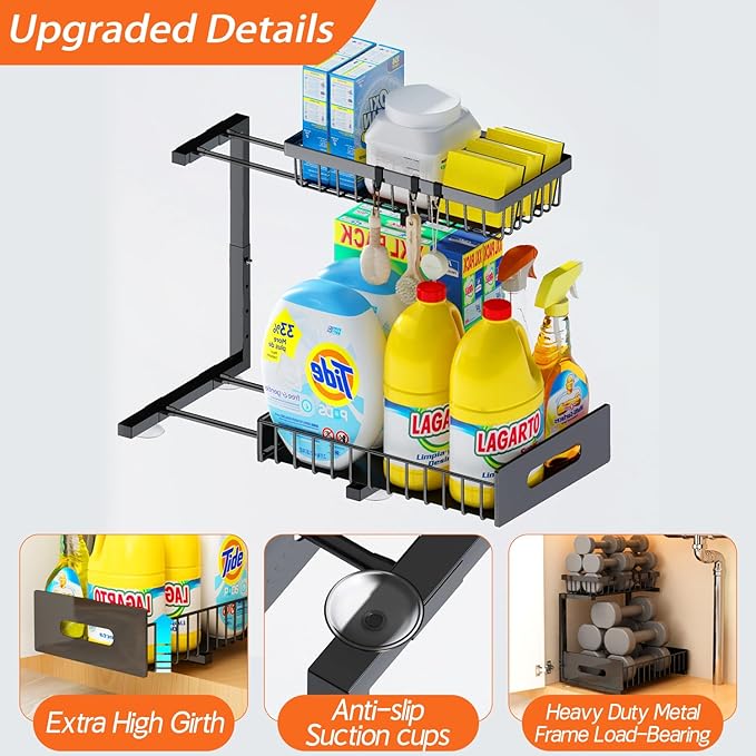 ADBIU Under Sink Organizer(10 Seconds Installation), 1 Pack 2 Tier Expandable Height (11" - 16") Under-Sink Organizers Slide out Pull out Organizer Shelf…