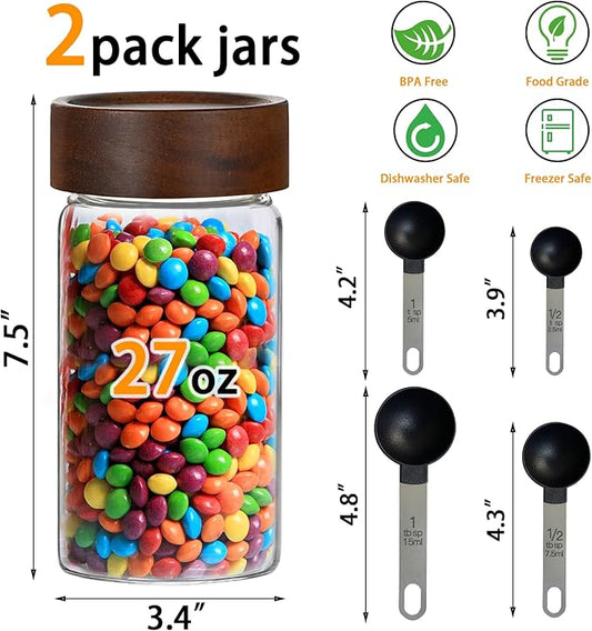 27oz Glass Storage Jars with Airtight Wooden Screw Lid, Set of 2,Coffee Sugar Container Set with Wooden Lid, and 4pack Stainless Steel Measuring Spoons,for Beans, Oatmeal, Sugar and etc