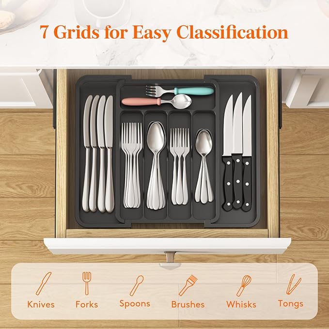 Lifewit Small Silverware Drawer Organizer, Expandable BPA Free Utensil Tray for Kitchen, Adjustable Flatware and Cutlery Holder for Spoons Forks Knives, Plastic Kitchen Organizers and Storage, Black