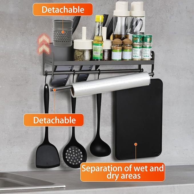 Wall Mounted Spice Rack, Hanging Spice Rack with Hooks - Kitchen Utensil Organizer for Spatulas, Spoons, And Seasoning Jars - Space Saving Solutions for the Kitchen (40CM)