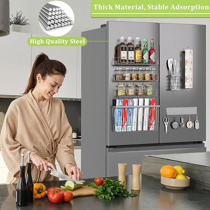 Magnetic Spice Rack for Refrigerator, 7 Pack Magnetic Fridge Shelf for Kitchen Organization Storage, Moveable Spice Organizer W/Paper Towel Holder, Utensil Caddy, Cutting Board Rack (Grey)