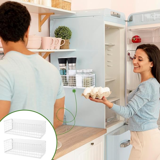 2 Pack Magnetic Basket for Fridge Magnetic Fridge Shelf Versatile Metal Organizer Storage Bin Moveable Strong Magnetic Spice Rack Organizer for Home Kitchen Office Refrigerator Holds