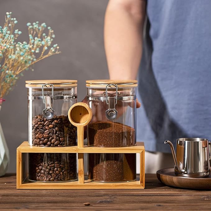 Yangbaga Glass Coffee Containers with Shelf, 2 x 45 oz Coffee Bean Storage with Airtight Locking Clamp and Bamboo Spoon, Large Capacity Food Storage Jar for Kitchen