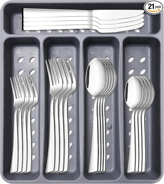 21-Piece Modern Stainless Steel Silverware Sets with Organizer Tray Silver Tableware Cutlery Set Fork Spoon and Knife Flatware Sets Heavy Duty Eating Kitchen Utensil Set Service for 4, Dishwasher Safe