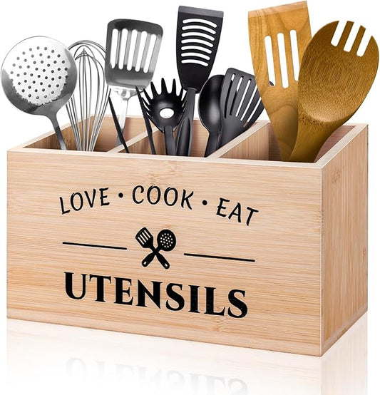 Bamboo Utensil Holder Caddy with 3 Compartments for Kitchen Counter, Rustic Flatware Organizer Cutlery Storage Box for Silverware Fork Spoon Spatula