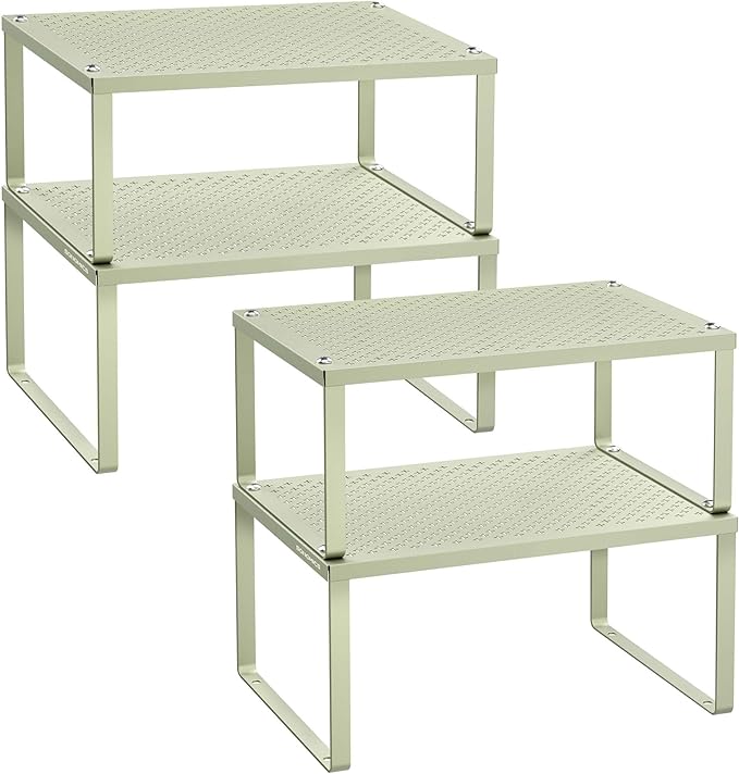 SONGMICS Spice Racks, Cabinet Shelf Organizers, Shelf Organizers, Countertop Organizers, Shelf Risers, Stackable, Expandable, Set of 4 Metal Kitchen Counter Shelves, Laurel Green UKCS006C01
