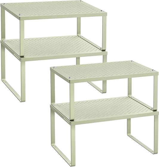 SONGMICS Spice Racks, Cabinet Shelf Organizers, Shelf Organizers, Countertop Organizers, Shelf Risers, Stackable, Expandable, Set of 4 Metal Kitchen Counter Shelves, Laurel Green UKCS006C01