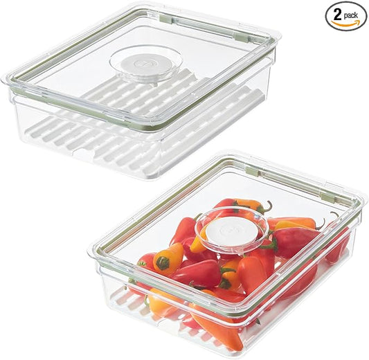 iDesign Large Fridge Produce Bin with Removable Drainage Tray and Lid - Set of 2 - Clear/White