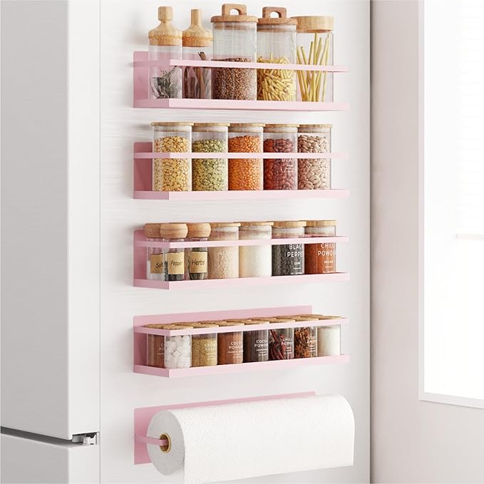 Magnetic Spice Rack For Refrigerator Magnetic Fridge Shelf For Kitchen Spice Organizer Magnetic Shelf For Fridge Space Saving Pink 4 Pack With Magnetic Paper Towel Holder