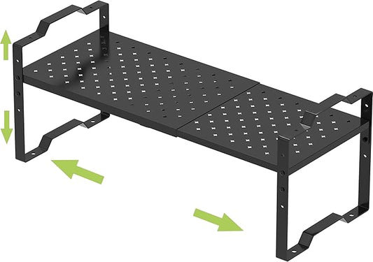 Expandable Shelf for Cabinet Organizer Adjustable Stackable Spice Rack at Kitchen and Bathroom More, Counter Countertop Cupboard Organization Pantry Storage (1 Pack/Black, Large)