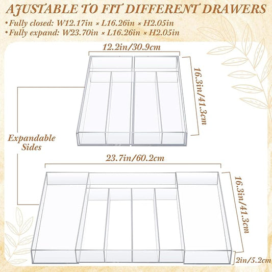Expandable Kitchen Drawer Organizer Clear Acrylic Utensil Organizer Adjustable Acrylic Silverware Storage for Kitchen Drawers Silverware Flatware Knives (5-7 Compartments)