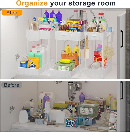 3 Pack Under Sink Organizer, 2-Tier Multi-Use Kitchen Bathroom Organizers and Storage with Sliding Drawer，Bathroom Cabinet Organizer (White)