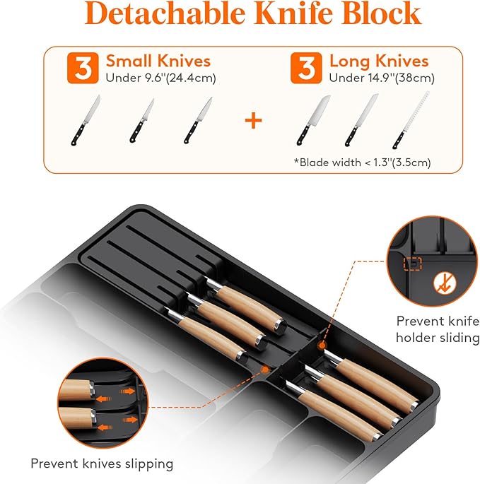 Lifewit Silverware Organizer for Kitchen Drawers, Expandable Utensil Tray with Removable Knife Block, Adjustable Cutlery and Flatware Holder, Plastic Spoon Forks Holder Storage Divider, Large, Black