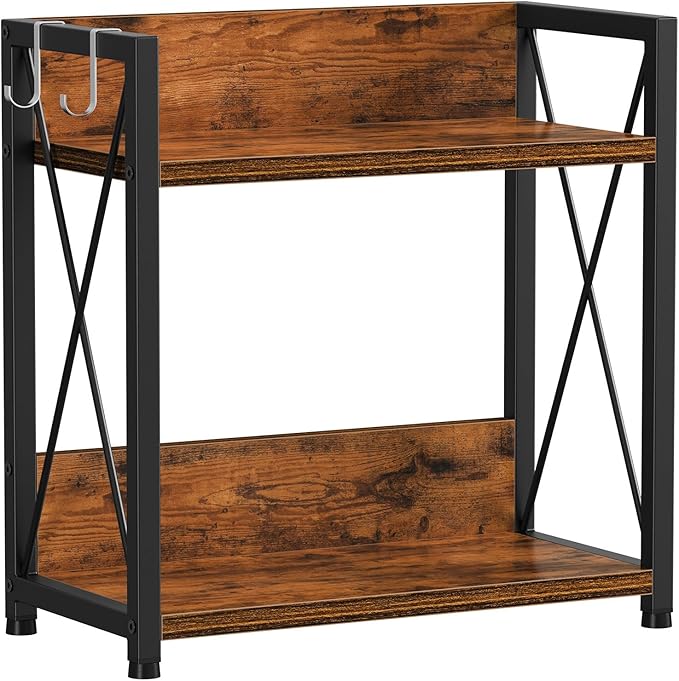 Snughome Countertop Shelf Organizer, Kitchen Counter Shelf with Hooks, 2 Tier Spice Rack for Kitchen Countertop,Coffee Station，(Rustic Brown, Large)