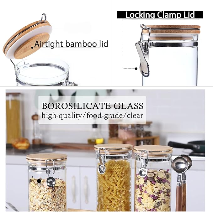 KKC HOME ACCENTS Airtight Clear Glass Coffee Bean Storage Container with Scoop,Air Tight Sealed Glass Canister with Bamboo Clamp Lid for Cereal,Loose Tea,Nut,Sugar,50 Fluid Ounce