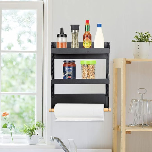 Magnetic Spice Rack, 2 Tier Magnetic Spice Organizer for Refrigerator, Magnetic Shelf with Paper Towel Holder for Kitchen Storage