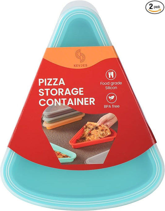 2-Pack Reusable Silicone Leftover Pizza Slice Storage Container with Air-tight Lids-BPA Free,Fits Single Slice up to 16”,Save Space,Refrigerator organizer(2 Blue)