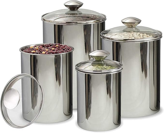 nu steel Canister Set Collection 4 Piece S/Steel Food Storage Container with Tempered Glass Lids for Kitchen Counter, Coffee, Tea, Etc, Small, Shiny Mirror