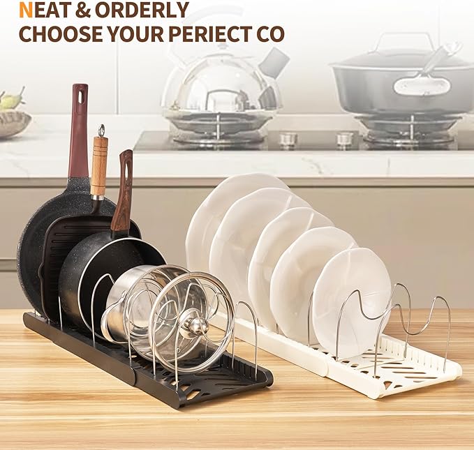 Stainless Steel Adjustable Dividers Pot and Pan Organizer Rack, Expandable 12'-23.2' Wide, White, 7 Shelves, Kitchen Cabinet Organizer