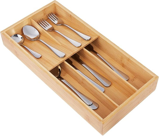 Bamboo Silverware Drawer Organizer, Kitchen Utensil Tray Holder Organizer, Drawer Storage Organization for Flatware, Cutlery, Spoon, Forks and Knives 5 Slots