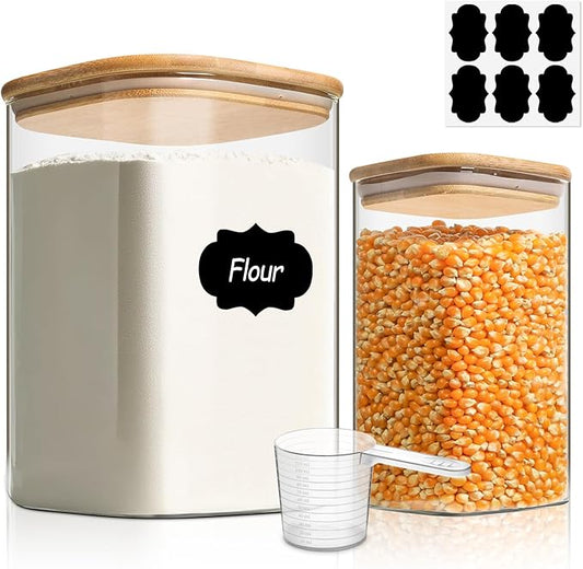 ComSaf Glass Food Storage Containers, 115/37 oz Glass Flour and Sugar Containers with Airtight Lids, Large Square Glass Jars with Bamboo Lids for Rice, Pasta, Oats, Grains, Cookies, Snacks, Candy