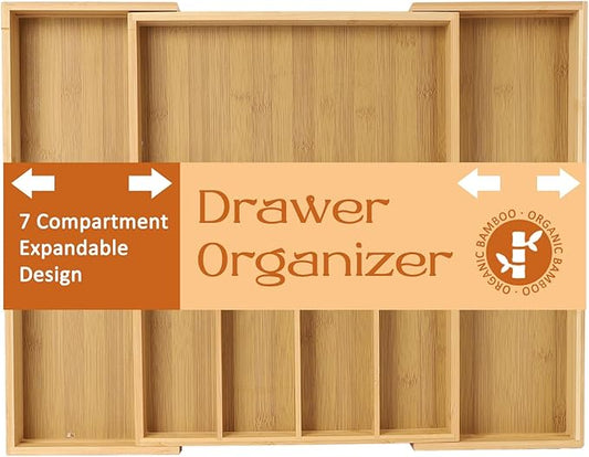 Expandable Bamboo Drawer Organizer for Utensils Holder, Drawer Dividers Organizer for Silverware, Flatware, Knives in Kitchen, Bedroom, Living Room as Housewarmings, Wedding, Bridal Shower Gifts