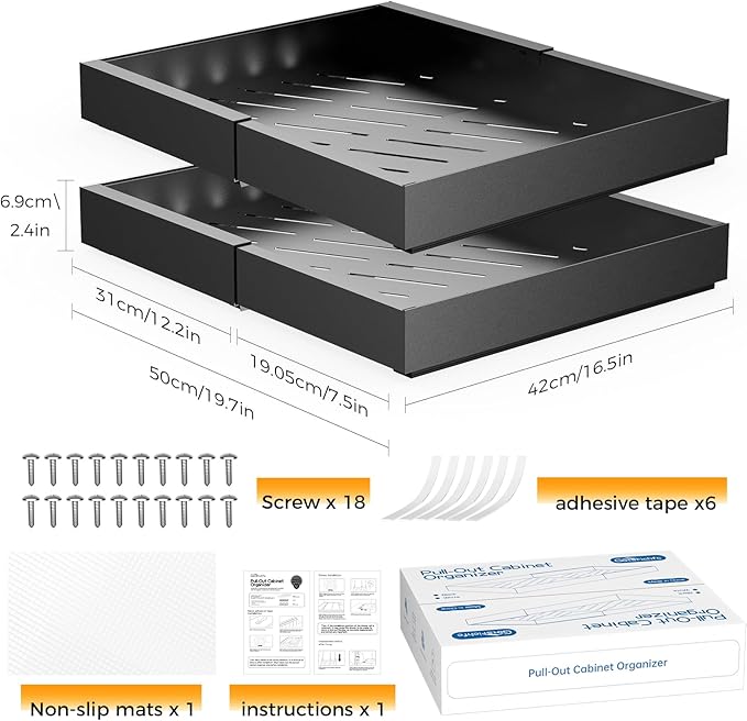 2 Pack 16.8" Deep Pull Out Drawers for Cabinets, Expandable Slide Out Drawers for Kitchen Cabinets, Pull Out Cabinet Organizer Roll Out Shelves for Pantry（Width 12.2"-19.7", Black）
