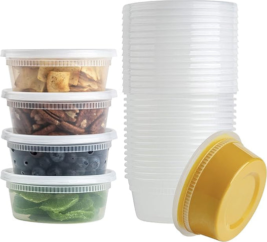 [40 Sets] 8 oz. Plastic Deli Food Storage Containers with Airtight Leak Proof Lids - Reusable - Microwave, Fridge, and Freezer Safe