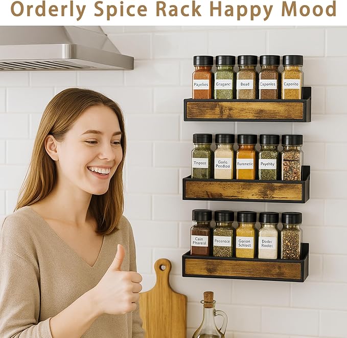 Spice Rack Wall Mount, 3 Pack Engineered Wooden Wall Mounted Hanging Spice Rack Organizer for Cabinet, Pantry Door, Easy Install Seasoning Organizer (3 Pack, Adhesive Or Screw Installed)
