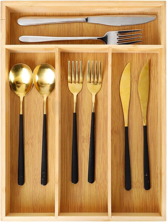 Bamboo Drawer Organizer for Utensils Holder, Drawer Dividers Organizer for Silverware, Flatware, Knives in Kitchen, Bedroom, Living Room, Office as Housewarmings, Wedding, Bridal Shower Gifts