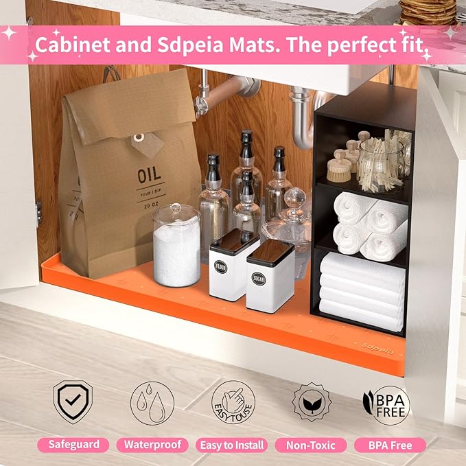Sdpeia Under Sink Mat for [28" x 22"] Cabinet, Upgraded Silicone Waterproof Mat Kitchen Cabinet Liner Cabinet Protector Kitchen Organizers and Storage