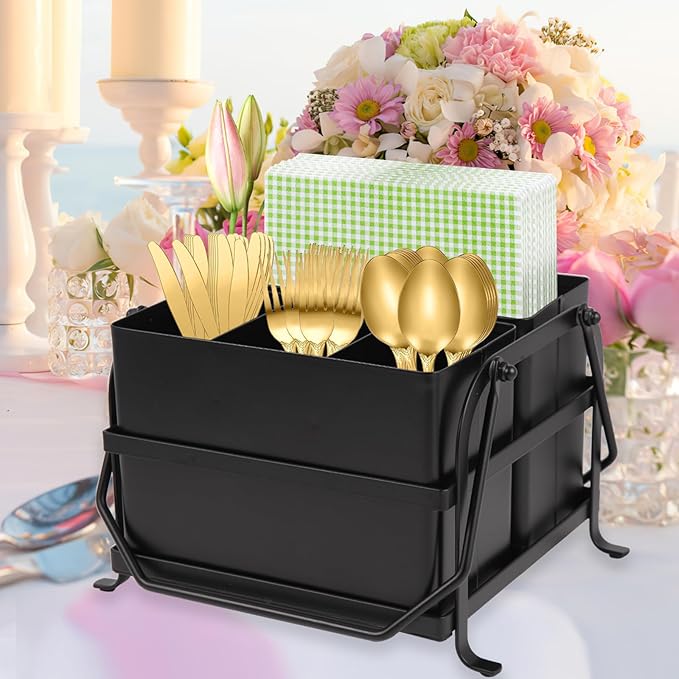 Silverware Caddy Utensil Organizer With Handle, Outdoor Picnic and Camping Utensil Holder, Flatware Holder for Party Gatherings, Metal - Black