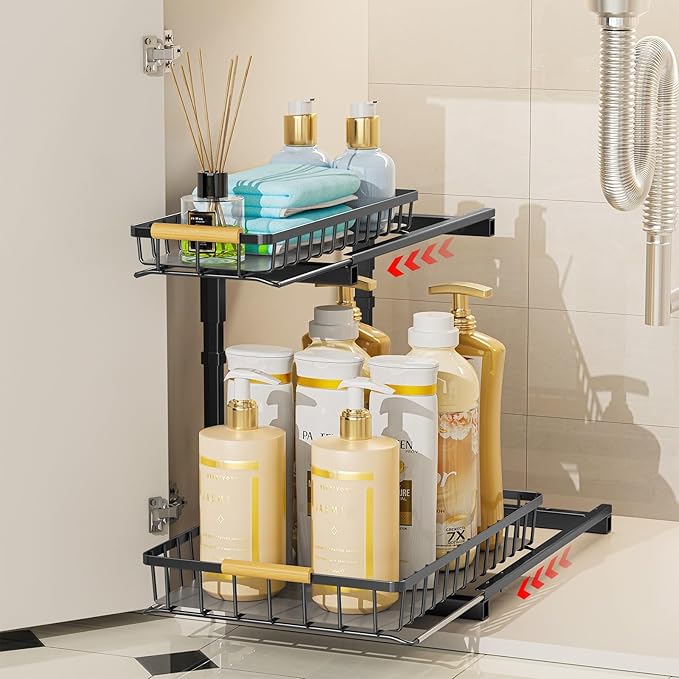 Delamu Under Sink Organizer, Pull Out Cabinet Organizer, Slide Out Under Sink Storage Shelf, Undersink Organizers Shelves for Kitchen Bathroom Pantry