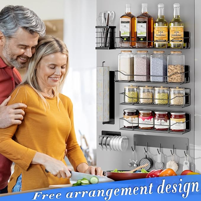 Magnetic Spice Rack for Refrigerator,8 Pack Magnetic Fridge Shelf, Moveable Spice Organizer with Hook Rack, Paper Towel Holder, Utensil Holder,cup lid holder, Super Magnetic Rack Set (Black)