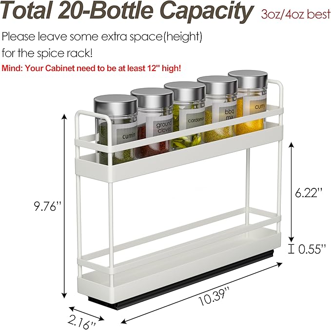 Finnhomy Pull Out Spice Racks for Inside Cabinets, Whole Metal Manufacturing, Vertical Spice Rack Pull Out, Spice Organizer, 2.16" W × 10.39" D × 9.76" H, 2 Drawers & 2 Tiers, 2 Pack, Light Gray