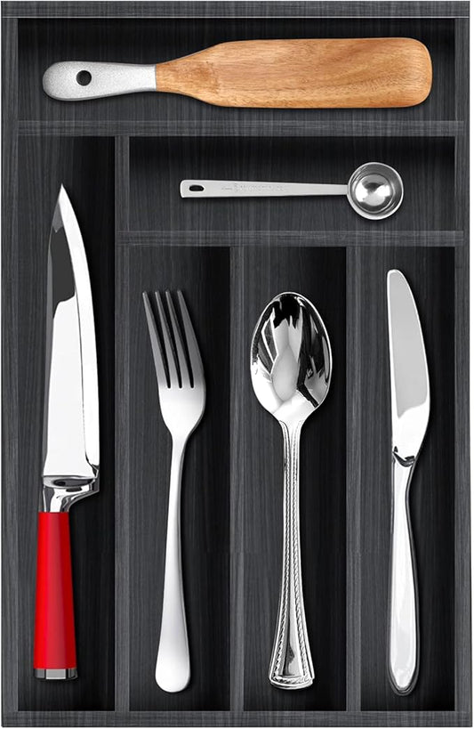 Kitchen Wood Utensil Tray Silverware Drawer Organizer Wooden Cutlery Trays Flatware Organizers Divider 14.6"x9.5" Silverware Tray Spoon Fork Organizer Black Bamboo Cutlery Utensil Holder for Drawer