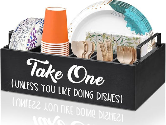 Lzhevsk Paper Plate Holders Silverware Caddy for Countertop, Kitchen Utensil Holder Organizer for Plates, Cutlery, Cups, Fork, Spoon, Wood Utensil Caddy Paper Plates Dispenser for Party Picnic BBQ