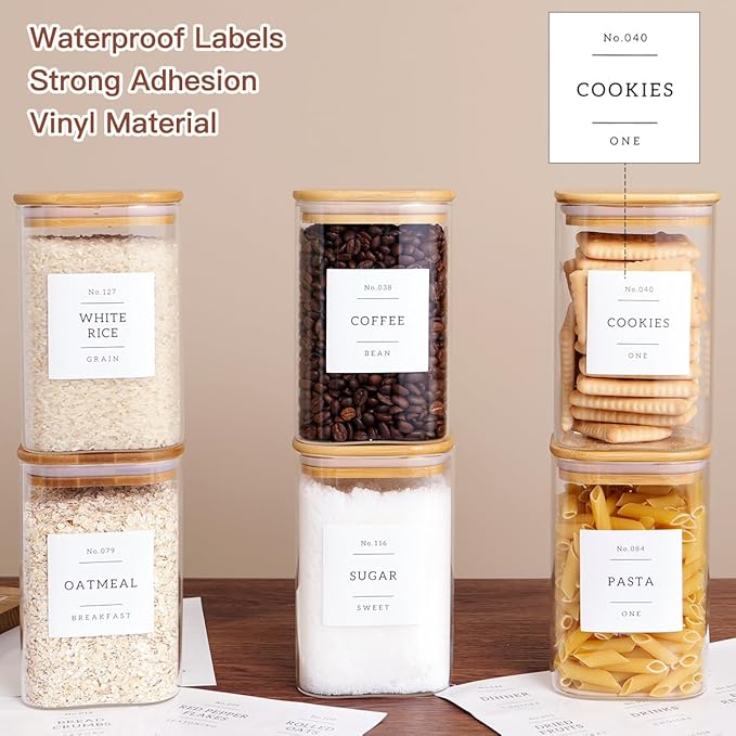 6 Pack Square Glass Kitchen Storage Jars with Airtight Bamboo Lids and 132 Pantry Labels - 35oz Glass Canisters With Wood Lids - Glass Food Storage Containers for Coffee, Cookie, Tea, Spice
