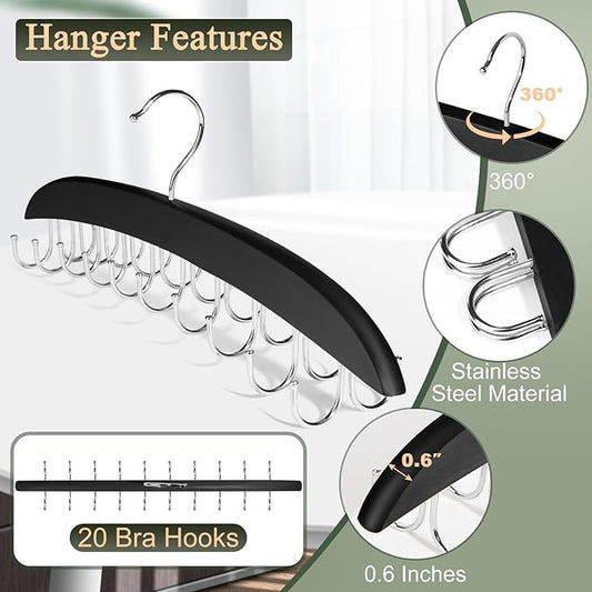 2 Pack Bra Hangers for Closet Organizer, Wooden Tank Top Hanger, Bra Organizer with 40 Stainless Steel Hooks, Closet Organizers and Storage for Bras Camis Belts Ties, Black