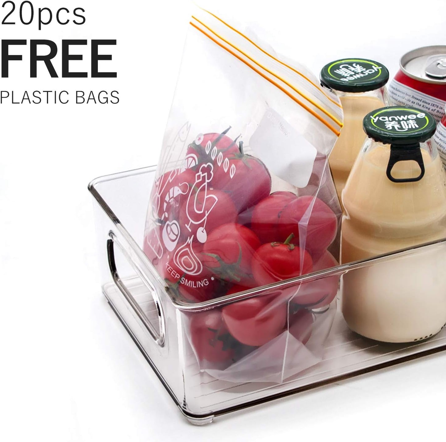Stackable Refrigerator Organizer Bins, 6 Pack Clear Kitchen Organizer Container Bins with Handles and 20 PCS Plastic Bags for Pantry, Cabinets, Shelves, Drawer, Freezer - Food Safe, BPA Free 10"L