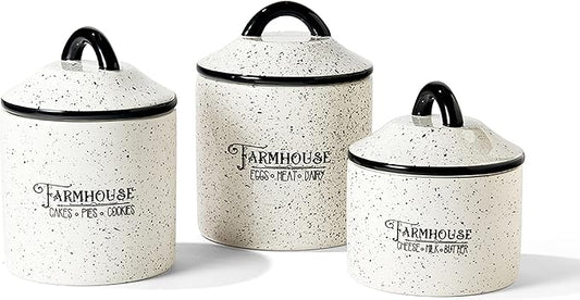 American Atelier Canister Set 3-Piece Ceramic Jars in Small, Medium, Large with Airtight Lids for Cookies, Candy, Coffee, Flour, Sugar, Rice, Pasta, Cereal & More (Farm House)