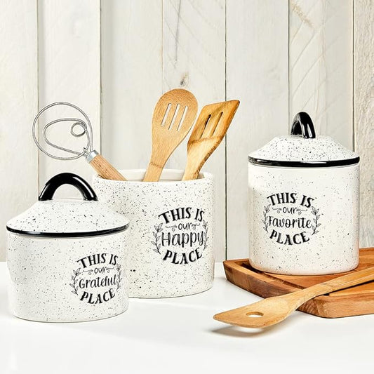 American Atelier Canister Set 3-Piece Ceramic Jars in Small, Medium, Large with Airtight Lids for Cookies, Candy, Coffee, Flour, Sugar, Rice, Pasta, Cereal & More (Happy Place)