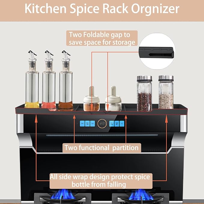 Silicone Stove Top Shelf 30" Magnetic Spice Rack Organizer Over The Stove Top for Kitchen for Curved Stove Oven Top Spice Rack Heat Insulation Non-slip (Black)