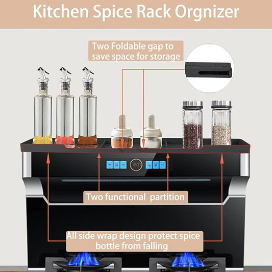 Silicone Stove Top Shelf 30" Magnetic Spice Rack Organizer Over The Stove Top for Kitchen for Curved Stove Oven Top Spice Rack Heat Insulation Non-slip (Black)