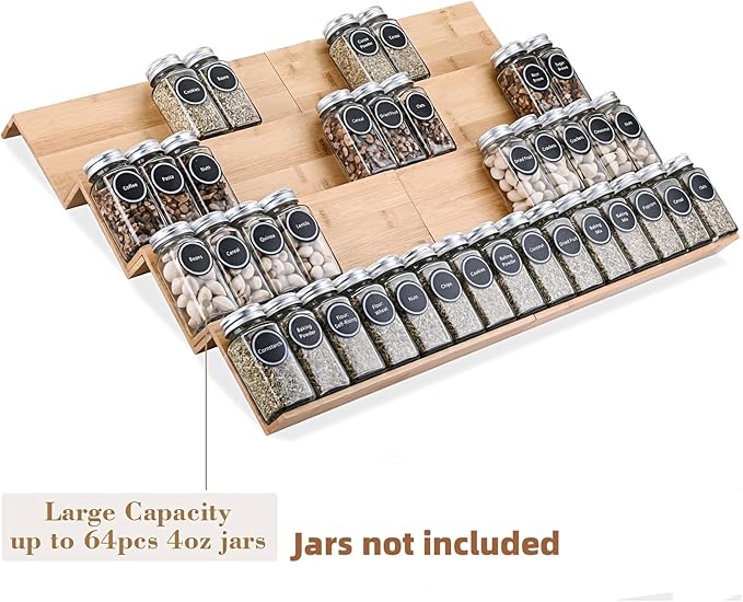 Bamboo Spice Rack Tray - Spice Drawer Organizer for Kitchen Cabinets Storage and Organization (Jars Not Included)